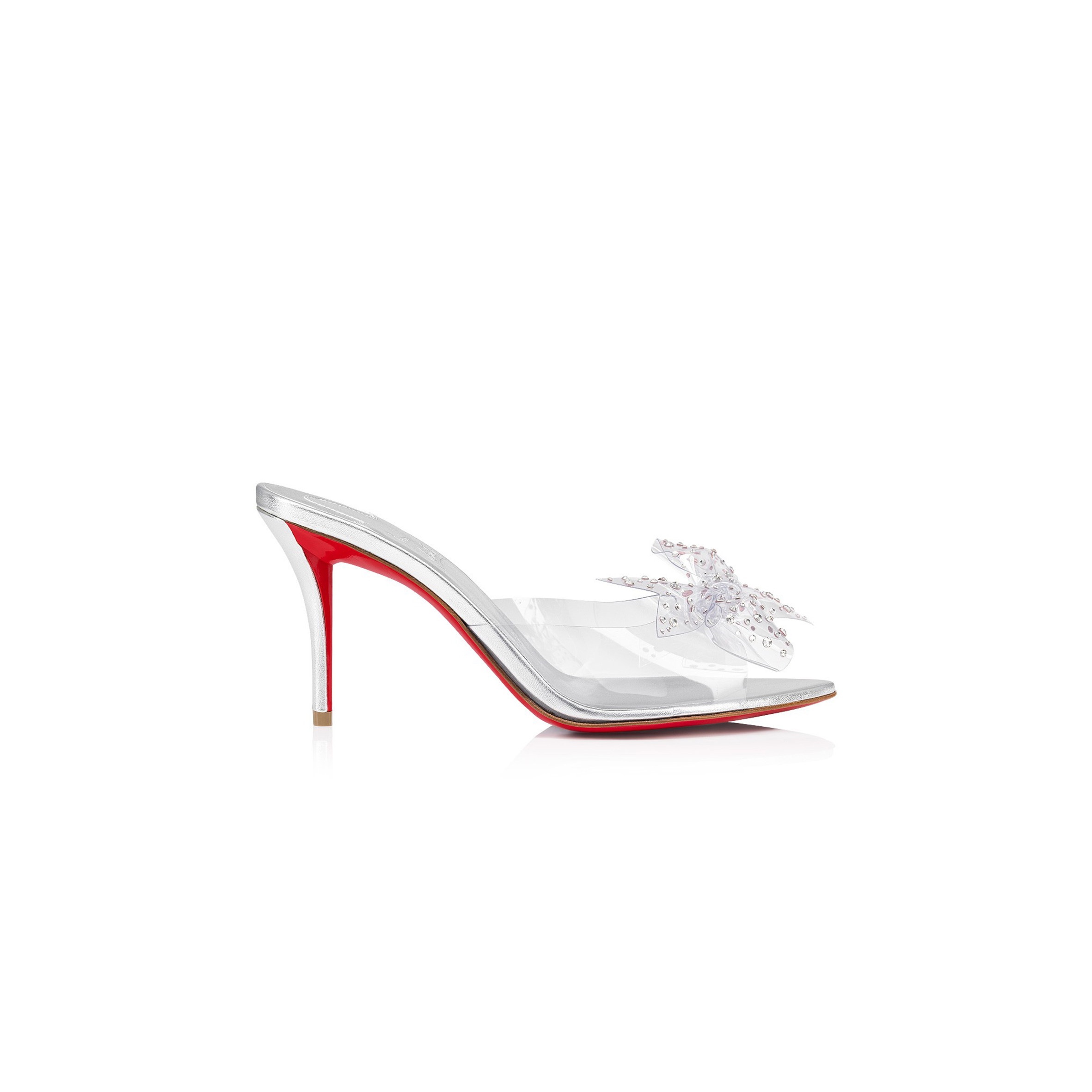 CHRISTIAN LOUBOUTIN AQUA STRASS 80MM MULES-PVC, IRIDESCENT NAPPA LEATHER AND STRASS-SILVER-WOMEN 1240792S339 CHRISTIAN LOUBOUTIN AQUA STRASS 80MM MULES-PVC, IRIDESCENT NAPPA LEATHER AND STRASS-SILVER-WOMEN 1240792S339